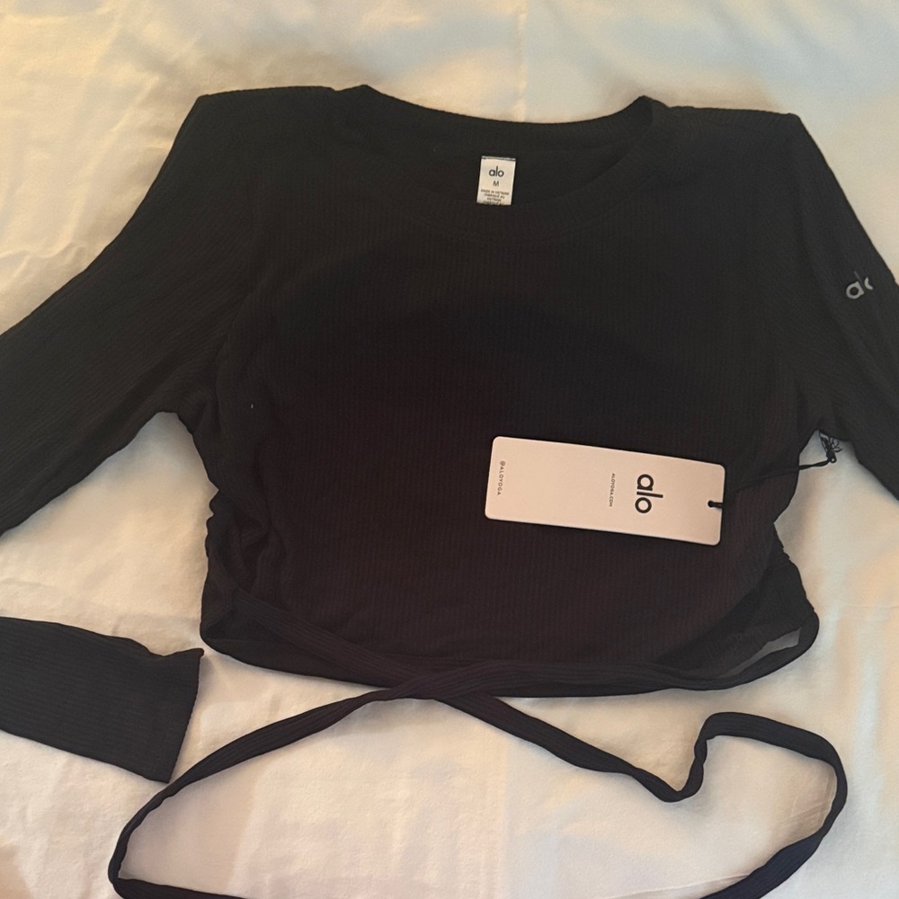 ALO Yoga Black Ribbed Long-Sleeve Tie-Waist Top
